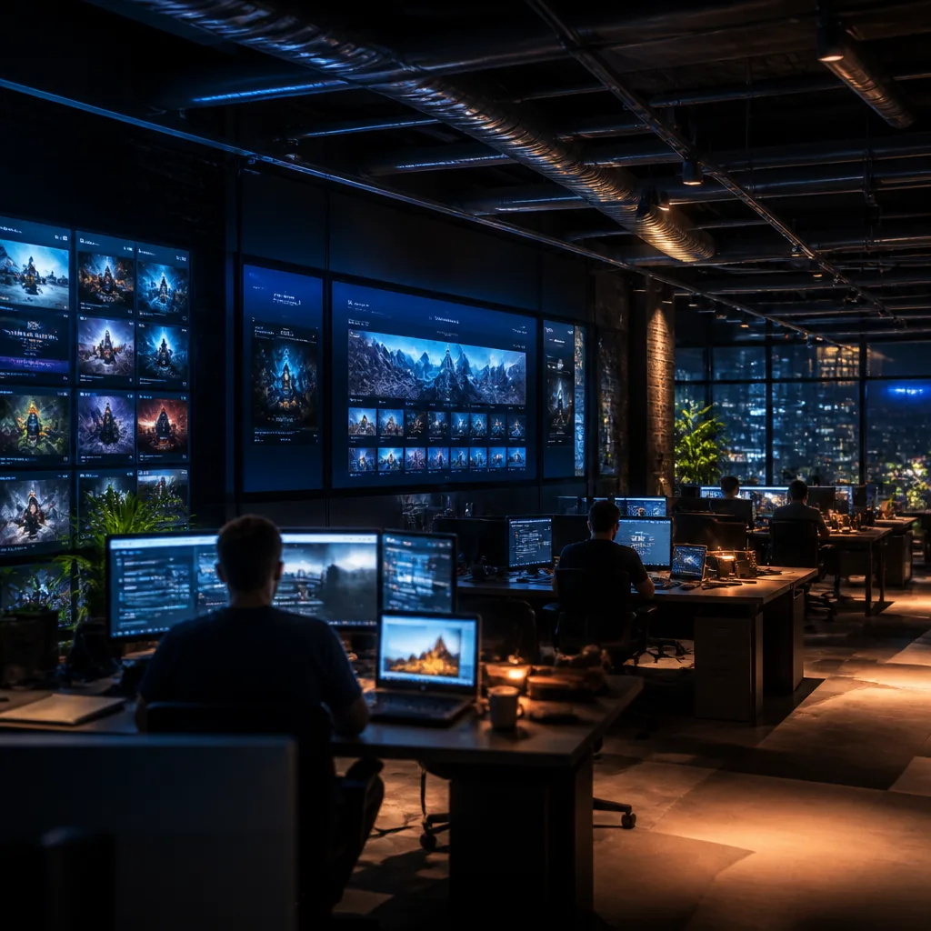 A modern games company office at night, developers at desks with large screens showing game storefronts and dashboards